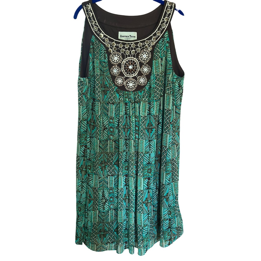 Another Thyme Dress Teal Brown Geometric Beaded Neckline Sleeveless Boho 16W
